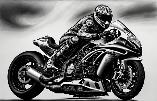 Prompt: create an air brushed picture of a hyper realistic ultra detailed photograph of a beautiful biomechanical motorcycle, stretched swing-arm, drag bike, knobby offroad tires, dirt bike tires, dirtbike tires, chrome, metal, H. R. Giger art style, monochrome, industrial, biomechanical, chrome, H. R. Giger inspired, highly detailed, 8K, UHD, exquisite detail, dirty, dark heavy metal, evil, dark background