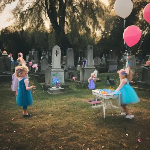 Prompt: Children's birthday party in an old graveyard