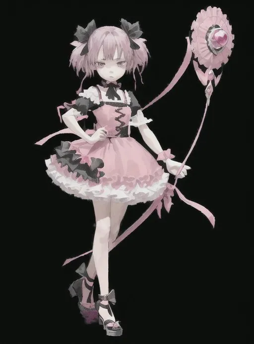 Prompt: (masterpiece), best quality, expressive eyes, perfect face, full body, 1girl, pink haired fourteen years old girl, dressed in a frilly black and pink dress, wielding a black wooden bow, bow with a black rose growing at the top, black and red chocker with a pink gem, short pink hair, pink eyes, short twintails, black hair ribbons, black stockings, red Mary Jean shoes, sad expression, tears