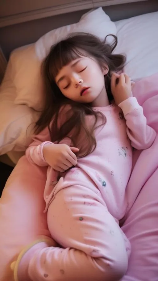 Prompt: (Masterpiece), (Best quality), 1girl, a young cute girl, sleeping girl, closed eyes, messy dark-brown hair, fetal, wearing pink pajamas, long pants, on bed, table, table lamp, living room, at night, (table lamp lightning), (hi-res), aesthetic photography, movie,  hyper-realistic