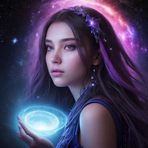 Prompt: splash art, hyper detailed, hyper realistic, highly detailed, dark, surreal heavy mist, floating at the edge of the Universe, in an alien observatory, 

create a 30% transparent computerized hologram of a fantastically Exquisite beautiful, young adult woman, Exceptionally Gorgeous Sorceress, holding the Milky way galaxy on an extended fingertip,

Gorgeous detailed facial features, long legs, vibrant sumptuous, perfect body, ultra pale, visible midriff, perfect curly red hair, magically created armor, heavy iron collar, 

Perfect studio lighting, perfect shading. HDR, UHD, high res, 64k, cinematic lighting, special effects, hd octane render, professional photograph, trending on artstation, .