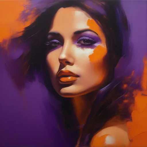 Prompt: painted woman,closeup, purple and orange backgtound