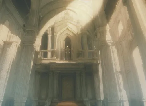 Prompt: Sacred Angelic throne empty at the top of a staircase inside a large open chamber
