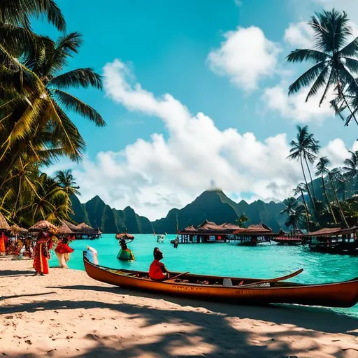 Prompt: Wide Angle View, A beautiful island in the Pacific, palm trees, dancers in traditional clothing, outrigger canoes, 8k, cinematic still, mid-afternoon 