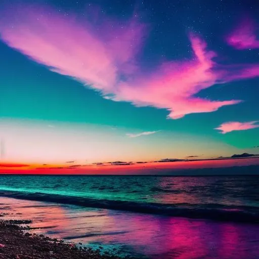 Prompt: Purple sky, pink sea, neon green stars
