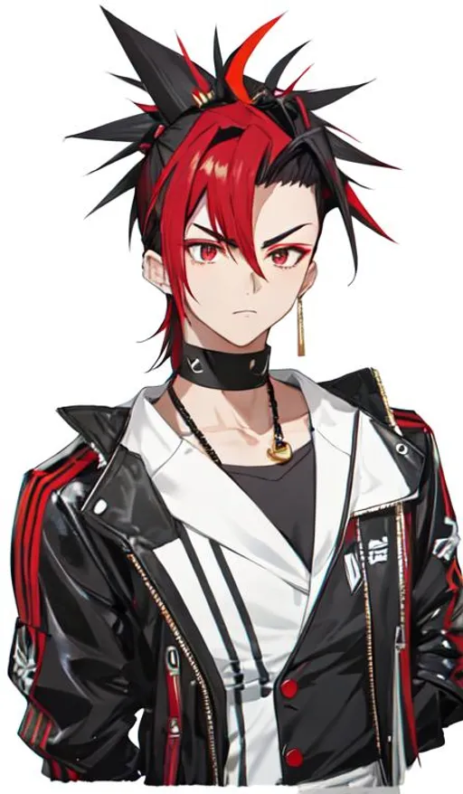 Prompt: Aster, 1 male. intimidating, black and red mohawk