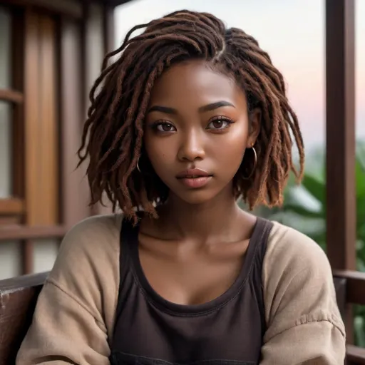 Prompt: 25-year-old African-Taiwanese woman, chocolate brown skin, wistful expression, 桃花眼, black iris, epicanthic fold, full sienna lips, chubby cheeks, wide bridge button nose, no makeup, dark roots locs hair, detailed eyes, lips, hair, curvy overweight physique, grunge top and cargo pants, straight soft eyebrows, soft features, nose ring, sitting in chair hugging knees, dusk, high-res, intense gaze, detailed, atmospheric lighting, realistic