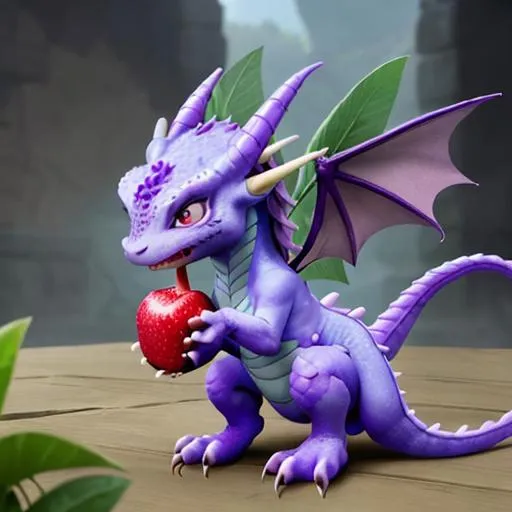 Prompt: A (cute) purple dragon (that loves to eat fruit) avatar (good guy) won the battle 
