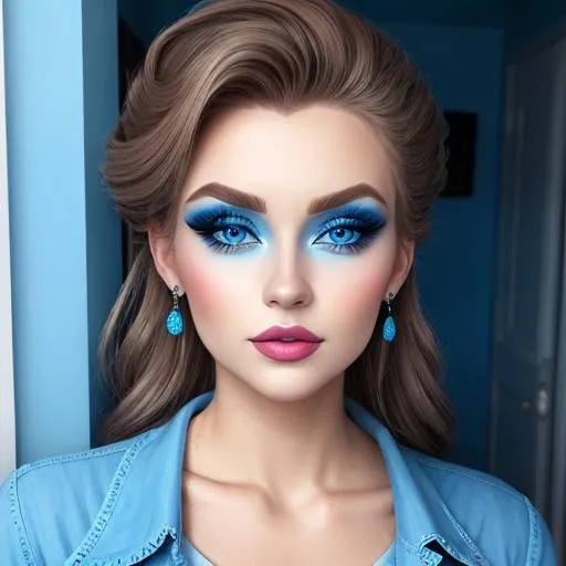 Prompt: A woman all in blue, blue eyes, pretty makeup