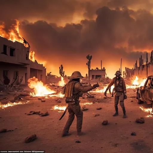 Prompt: Desert : A full blown fight between two set of people each set carries 7  with fire and bomb blast with cars in fire. The place look like an war war zone , 12 dead, one unconscious, In the middle of the war zone a man lost his hand the place of the hand covered with blood  The ring in finger 'S'. Story begins!