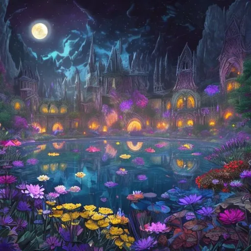 Prompt: Epic beautiful large pond surrounded by bright colorful flowers at night under a full moon at night dungeons and dragons style 