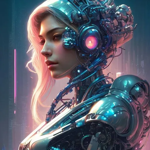 Prompt: "beautiful, young woman, cybernetic, cyberpunk, detailed gorgeous face, flowing hair, vaporwave aesthetic, synthwave , digital painting, artstation, concept art, smooth, sharp focus, illustration, art by artgerm and greg rutkowski and alphonse mucha"
