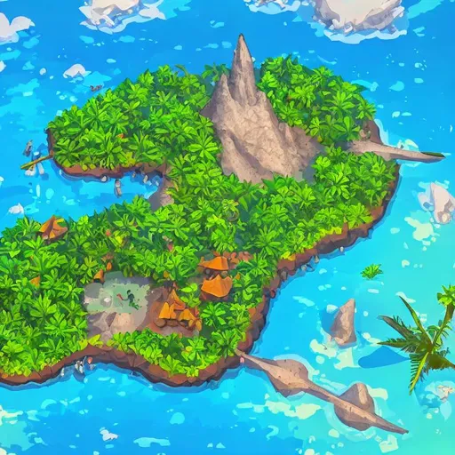 Prompt: In a bird’s eye view of a tropical island in a 2d art style, You are able to see the whole island