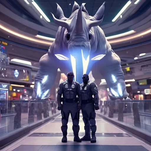 Prompt: rhino security guards in a busy alien mall, widescreen, infinity vanishing point, galaxy background, surprise easter egg
