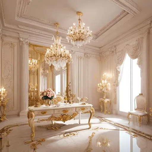 Prompt: Elegant Rococo style white room with Corinthian columns, elegant white floral decorations, elegant mirror, golden trim