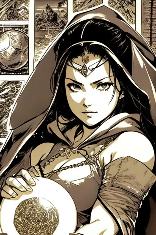 Prompt: {Concept sheet}(((Yoji Shinkawa))), sticker of ultra detailed portrait of she hulk as hooded fortune teller, holding large crystal ball, ((wearing a hood robe)), high quality cell shaded illustration in post apocalyptic style by Yoji Shinkawa, ((full body)), dynamic pose, perfect anatomy, centered, freedom, soul, black long hair, approach to perfection, cell, ((green skin color)), shading, 4k , has a large crystal ball, evil grin, beautiful, cinematic dramatic {Concept 
sheet} atmosphere, watercolor painting, global illumination, detailed and intricate environment, artstation, concept art, fluid and sharp focus, volumetric lighting, cinematic lighting, Art by Yoji Shinkawa,