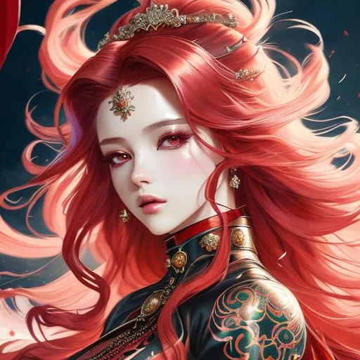 Prompt: matte portrait, feminine elegant ethereal beautiful kpop princess with intricately decorated cyberpunk streetwear, crimson red  balayage wild hair, royal vibe, highly detailed, digital painting, Trending on artstation , HD quality, by artgerm and greg rutkowski and alphonse mucha, dramatic light, octane, dreamy, colorful ink illustration, windy era, oil on canvas, highly detailed, brush strokes