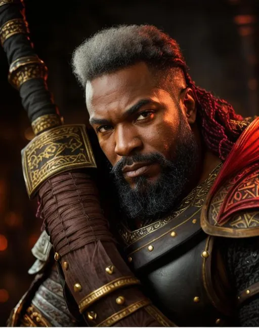 Prompt: old black man fantasy warrior, not very handsome, medium musculature, auburn, beard, full leather armor, with sword on his shoulder, very big detailed eyes, UHD, 64K, sharp focus, studio photo, intricate details, highly detailed, cinematic light, purple neon on the background.