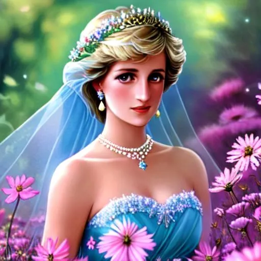 Prompt: Princess Diana as a fairy goddess of wildflowers ethereal,dreamscape, cool colors, closeup