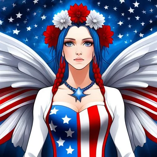 Prompt: fairy of the 4th of July U.S. patriotic, dreamscape, vivid colors of red, fwhite and blue ,closeup