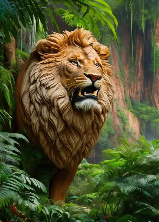 Prompt: close up portrait of an anatomically correct lion roaring , background a huge rock within a jungle setting with plants, trees and vibrant flowers ,best quality, precise color distribution masterpiece, highly detailed, ultra-detailed unreal engine 5, octane render digital painting, artstation, concept art, smooth, sharp focus, Highly Detailed,  naturalism, land Art, regionalism, shutterstock contest winner, trending on unsplash, trending on artstation,zbrush central,subtractive lighting,ambient occlusion,black ink flow,3d shadows,contrasting shadow and highlights,perfect render,crisp photo,5 mm,hyper realistic texture and photorealistic render,clean render,no anomalies