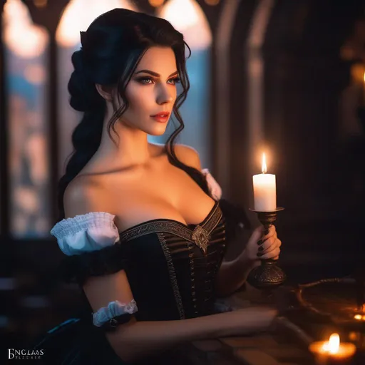 Prompt: A beautiful portrait of Yennifer from The Witcher, dressed in a corset and black dress with a candle, elegant glamorous cosplay, dark hairs, castlevania, a pale skin, art bundle, female sheriff, chest covered, poison dripping, real-life brook, cosplay, digital art by Eugene de Blaas and Ross Tran, vibrant color scheme, highly detailed, in the style of romanticism, cinematic, artstation, Greg rutkowski