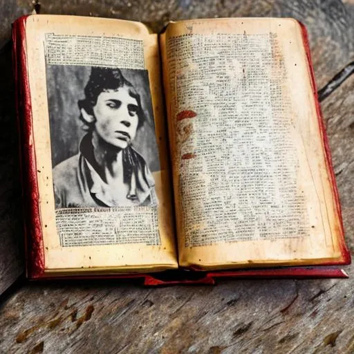 Prompt: An old book sitting on a table with a torn picture photograph inside