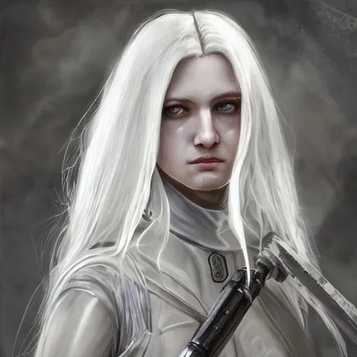 Prompt: portrait of a {person}, smooth pale white soft skin, silver eyes, beautiful intricate long white colored hair, symmetrical, soft lighting, detailed face, concept art, digital painting, looking into camera, female, Star Wars, grey cloth officer uniform, Black metal staff weapon on back, pretty, dungeons and dragons, character, jedi consular, soft, stern, guard