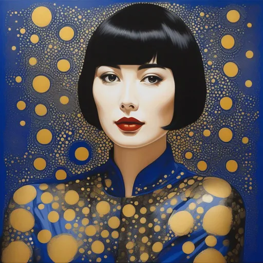 Prompt: a painting of a handsome woman with short hair, a fine art painting, by Yayoi Kusama, no gradients, following special sheath plus reckoning plus helmbreaker on metallic blue and metallic gold, (style:abstract expressionism:1.6)