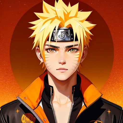 Prompt: Upper body portrait of Naruto, 17 years old, blonde spiky hair, tan skin, Orange and Black jacket, intricate, detailed face. by Ilya Kuvshinov and Alphonse Mucha. Dreamy, sparkles