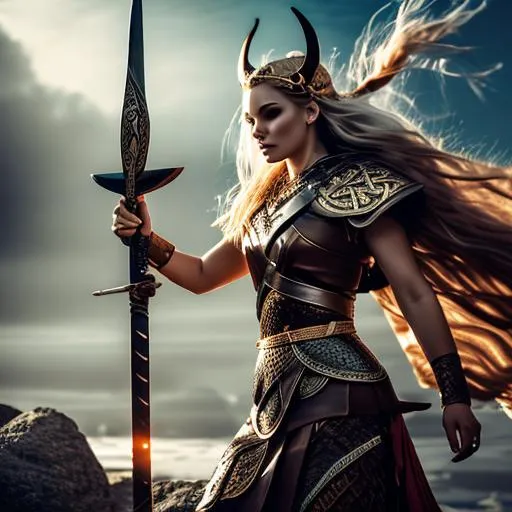 Prompt: Gorgeous, stunning, beautiful, otherworldly viking goddess battle ready wearing ancient viking clothing, elegant posing, full body, centered, fantasy setting, character concept, cinematic, colorful background, concept art, dramatic lighting, highly detailed, hyper realistic, intricate sharp details, octane render, smooth, studio lighting, trending on art station, 8k, HDR, unreal engine, emotive, cgi, animated, character art, iridescent, metallic, epic fantasy, dark fantasy, 3D game