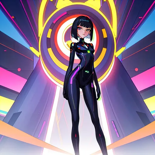 Prompt: a lonely AI girl, very tall, thick thighs, wide hips, long legs, slender arms, slender waist, big beautiful symmetrical eyes, intriguingly beautiful face, aloof expression, bob haircut with bangs, colorful Corporate Vector Graphics art style, 12K resolution, hyper quality, hyper-detailed, hyper-realistic, hyper-professional