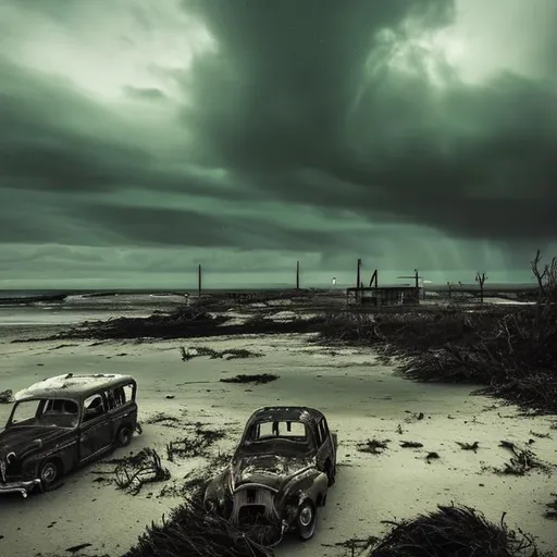 Prompt: The scene unfolds on a desolate beach, a once-vibrant paradise now transformed by the horrors of a zombie apocalypse. The sky hangs heavy with dark, ominous clouds, casting an eerie glow over the landscape. The air is thick with the scent of saltwater and decay, while distant sounds of crashing waves mingle with the haunting moans of the undead.

Amidst the chaos, a couple of young girls stand at the forefront of the scene, their hands tightly clasped together. Their faces bear a mix of fear, determination, and a flicker of hope. They stand defiantly against the backdrop of destruction, a symbol of resilience in the face of unimaginable terror.

The girls, dressed in tattered and dirt-streaked summer attire, have adapted makeshift weapons as their only means of defense. Their eyes dart across the beach, scanning for any sign of danger, as their intertwined hands serve as a source of comfort and strength in this nightmarish reality.

The beach itself is a haunting sight. Abandoned beach chairs and umbrellas lie scattered, left behind by those who once sought solace in the sun-soaked haven. The sand, now stained with footprints of panic and desperation, stretches out toward the murky waters, where a sense of foreboding lingers.

On the horizon, the remnants of a civilization struggle to hold on. Beachfront huts and palm trees stand as silent witnesses, their structures weathered and battered. Shadows dance ominously, their elongated forms resembling the encroaching threat of the undead that emerge from the surrounding darkness.

As the sun's dying rays pierce through gaps in the clouds, the scene is bathed in a mixture of muted colors. Hints of orange and red meld with shades of gray, painting a somber yet striking tableau that captures the spirit of survival and the fragility of humanity.