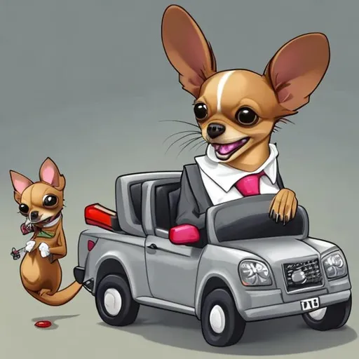 Prompt: Cartoonish chihuahua in business suit, driving an sedan, smiling, holding an Glock-19 and shooting his enemies, a little gray mouse is sitting on the shoulder of chihuahua