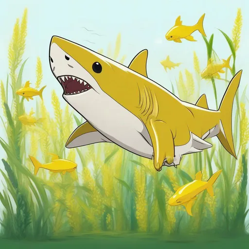 Prompt: Hound Shark the Chittering grass wattle, yellow and golden yellow with green fins, super puffy, masterpiece, best quality, in cartoon style