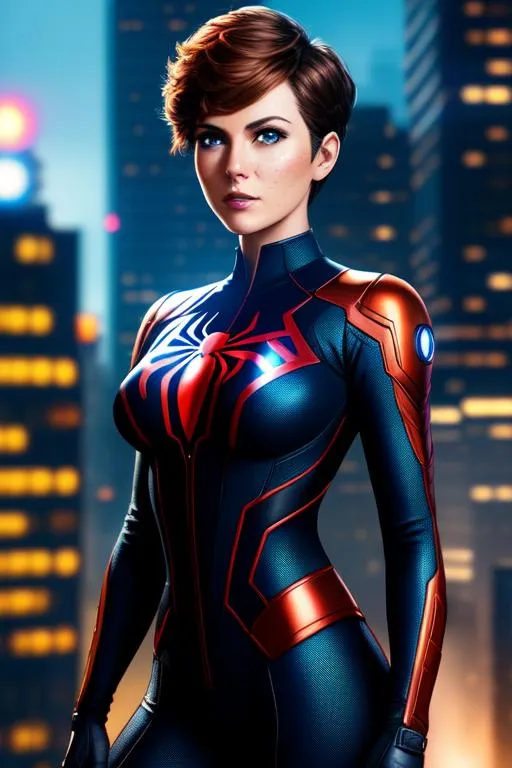 Prompt: May Day Parker form Marvel Comics, standing on a roof, Brown pixie cut hair, wearing spider-girl suit, side lighting, cyberpunk lighting, neon, symmetrical face, freckles,