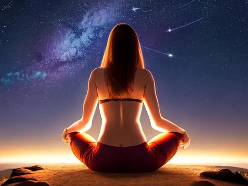 Prompt: a woman seated in a lotus position on earth, looking up at the night stars. Show the woman from the back. highly detailed, UHD, soft lighting, ultra realistic, 8K