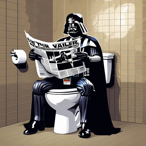 Prompt: Darth Vader on toilet reading a newspaper