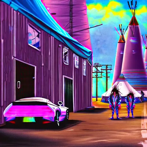 Prompt: Digital painting of Native Americans standing next to a city street lined with sweat lodges and tipis, futuristic sports cars are in the streets, cyberpunk, highly detailed, highly decorated, highly realistic, photorealistic, masterpiece, vapor wave, kodachrome