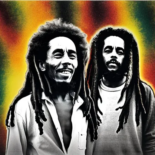 Prompt: Bob marley and damian marley standing