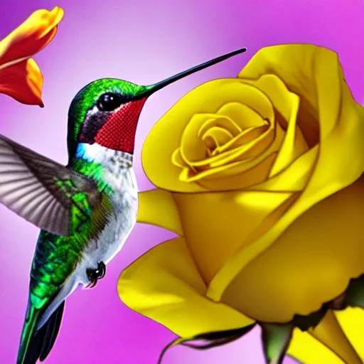 Prompt: hummingbird,  yellow roses, closeup