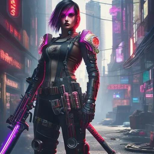 Prompt: Beautiful Cyberpunk female tattoos, strong apocalyptic, swords, guns, axes, anatomical, colorful, gothic, mech, hazardous waste, explosions 4k resolution, bright colour