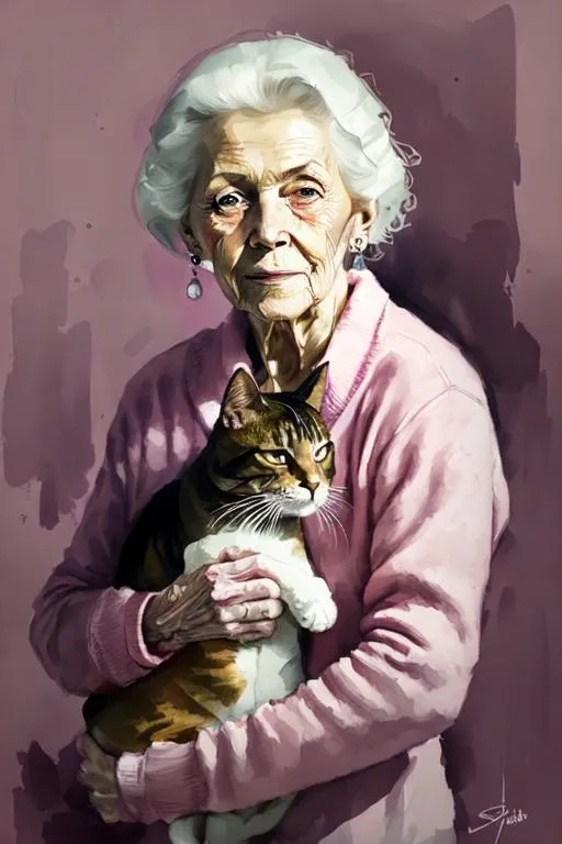 Prompt: Portrait of an elderly woman holding her cat