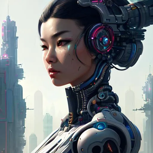 Prompt: Portrait of vietnamese bionic young woman, cyberpunk, futuristic, perfect composition, hyperrealistic, super detailed, 8k, high quality, trending art, trending on artstation, sharp focus, intricate details, highly detailed, by greg Rutkowski, Ryan Hewett 