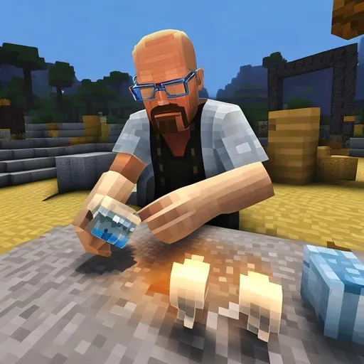 Prompt: Heisenberg making a meth lab in minecraft 