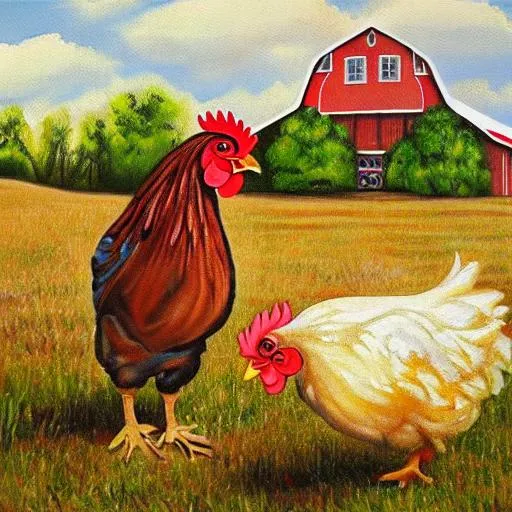 Prompt: chicken on a farm realistic painting





