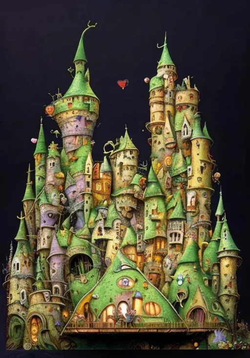 Prompt: A whimsical patchwork of a funny crooked sparkling castle. By Dr Seuss, Tim Burton, Jacek yerka, Megan Duncanson, Vladimir kush, Joe Fenton and wojtek siudmak. Very detailed, intricate. High quality