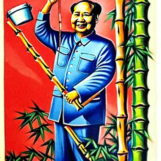 Prompt: 1960s Chinese propaganda poster of a smiling Mao Zedong, Mao is carrying a slender bamboo pole on his shoulder, Mao Zedong is in a town, attached to the bamboo pole Mao is holding are water buckets, highly detailed, highly decorated, masterpiece, vivid