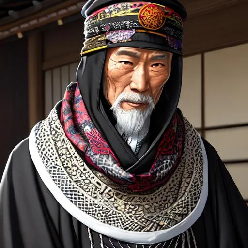 Prompt: A highly realistic and extremely detailed face full photocentric full view of an old elderly decrepit Japanese male character. Wearing a black cloak over his vagabond samurai kimono that he wears under and also wearing an intricate patterned bandana on his head and wearing a Cotton Shemagh Tactical Desert Scarf Wrapped on his neck. The character should be modeled after an fantastical Ronin young prince with handsome very long, messy, and wavy silvery black hair at shoulder length, thin arched eyebrows, and striking golden eyes. The artwork should be created in either 4K or 16K resolution and should be of photo realistic quality."
((Width: 512)), ((Height: 627)))