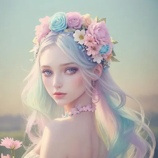 Prompt: Beautiful creation, woman with flowers in her hair, pastel colors